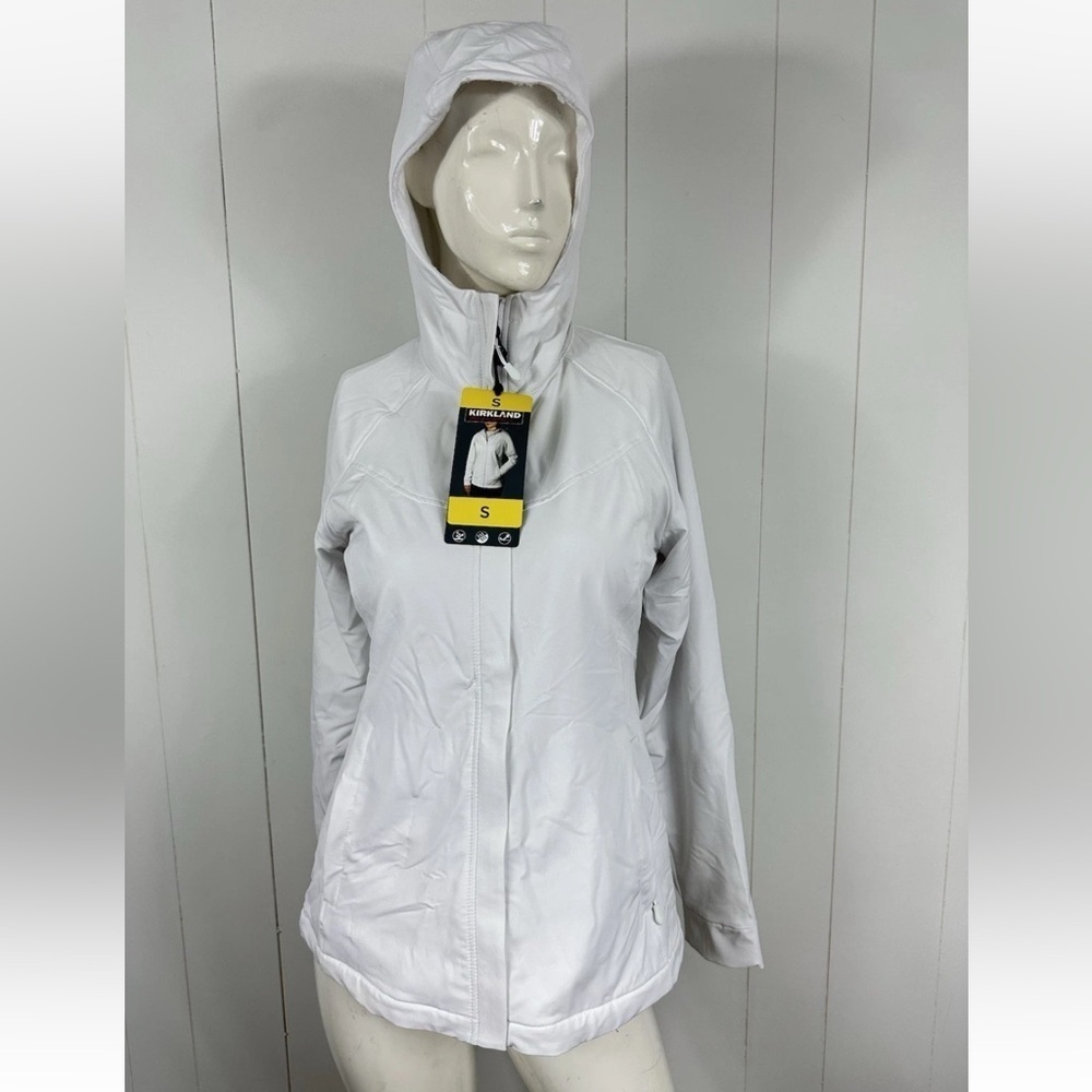 NEW Kirkland Signature Sz S White Jacket Womens Full Zip Hooded Zipped Pockets